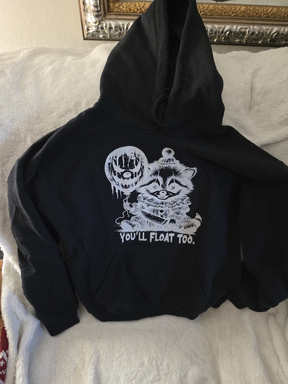 Black Graphic Hoodie with 'You'll Float Too' Raccoon Design